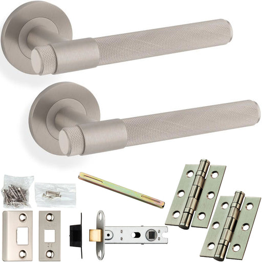 Door Handle & Latch Pack - Satin Nickel - Modern Knurled Bar Lever On Round Rose