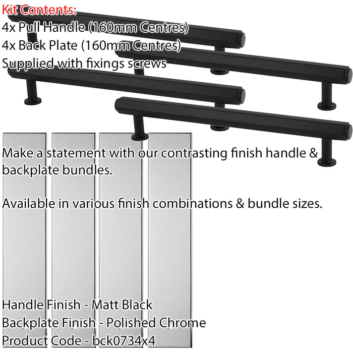 4 PACK Pull Handle & Contrasting Backplate Set Hex T Bar Matt Black & Chrome 1