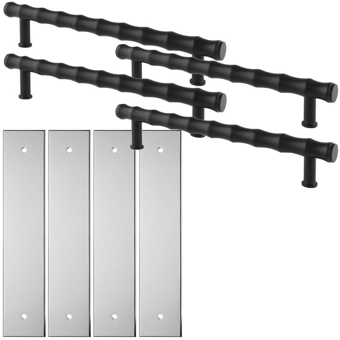 4 PACK Pull Handle & Contrasting Backplate Set Bamboo T Bar Matt Black & Chrome