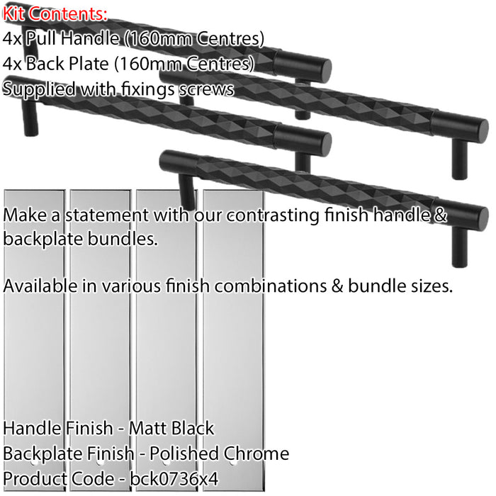 4 PACK Pull Handle & Contrasting Backplate Set Diamond T Bar Matt Black & Chrome 1