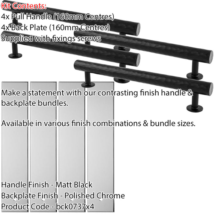 4 PACK Pull Handle & Contrasting Backplate Hammered T Bar Matt Black & Chrome 1