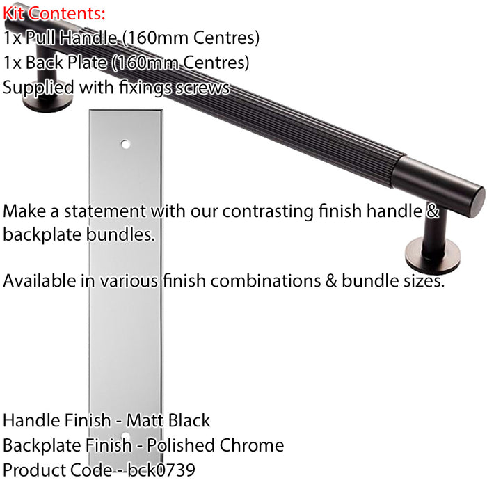 Pull Handle & Contrasting Backplate Set Reeded Lined T Bar Matt Black & Chrome 1