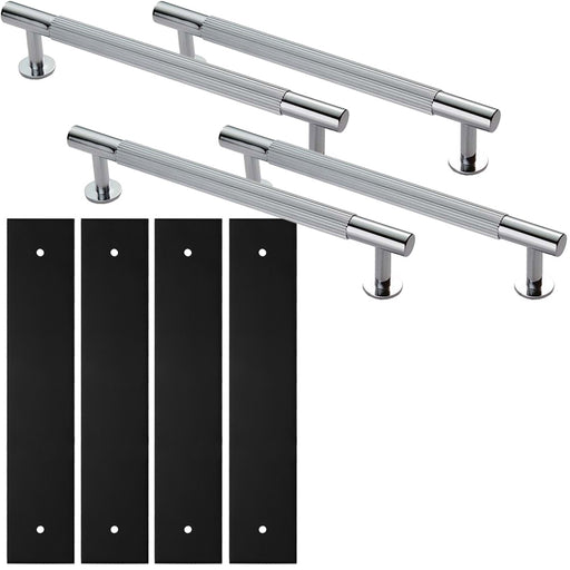 4 PACK Pull Handle & Contrasting Backplate Reeded T Bar Polished Chrome & Black