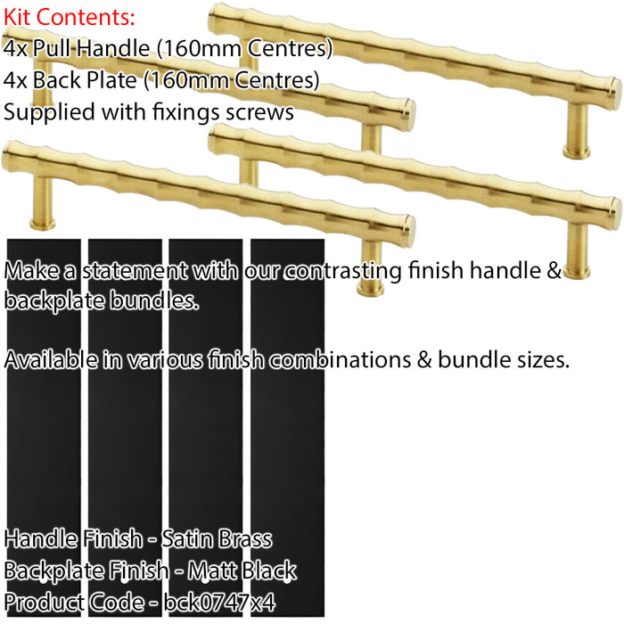 4 PACK Pull Handle & Contrasting Backplate Set Bamboo T Bar Satin Brass & Black 1