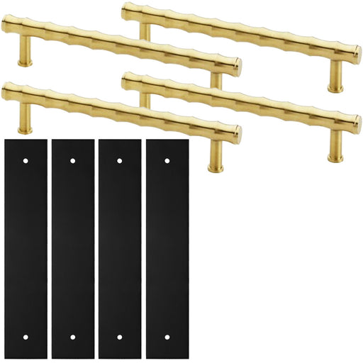 4 PACK Pull Handle & Contrasting Backplate Set Bamboo T Bar Satin Brass & Black