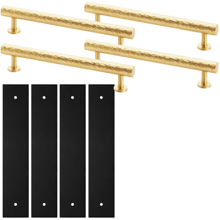 4 PACK Pull Handle & Contrasting Backplate Hammered T Bar Satin Brass & Black