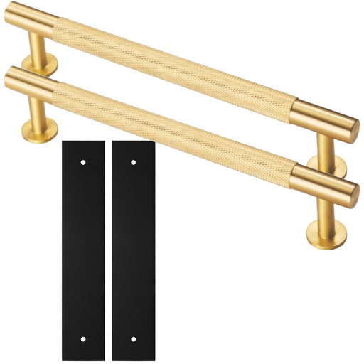 2 PACK Pull Handle & Contrasting Backplate Set Knurled T Bar Satin Brass & Black