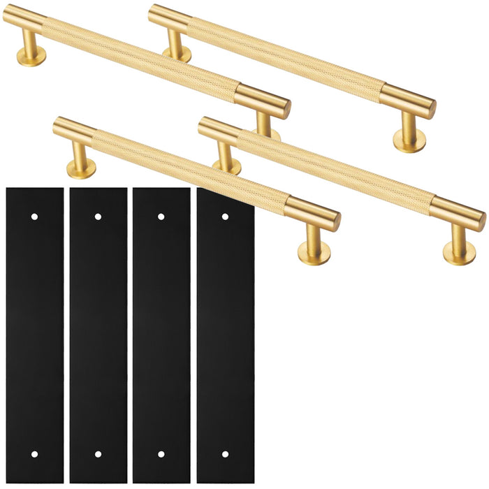 4 PACK Pull Handle & Contrasting Backplate Set Knurled T Bar Satin Brass & Black