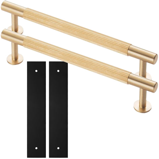 2 PACK Pull Handle & Contrasting Backplate Set Reeded T Bar Satin Brass & Black