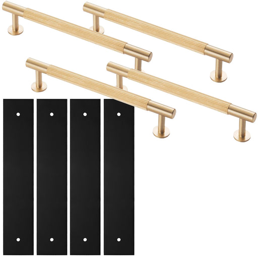 4 PACK Pull Handle & Contrasting Backplate Set Reeded T Bar Satin Brass & Black