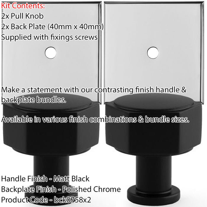 2 PACK Door Knob & Contrasting Backplate Set Hex Kitchen Pull Matt Black Chrome 1