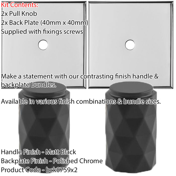 2 PACK Door Knob & Contrasting Backplate Set Diamond Pull Matt Black & Chrome 1