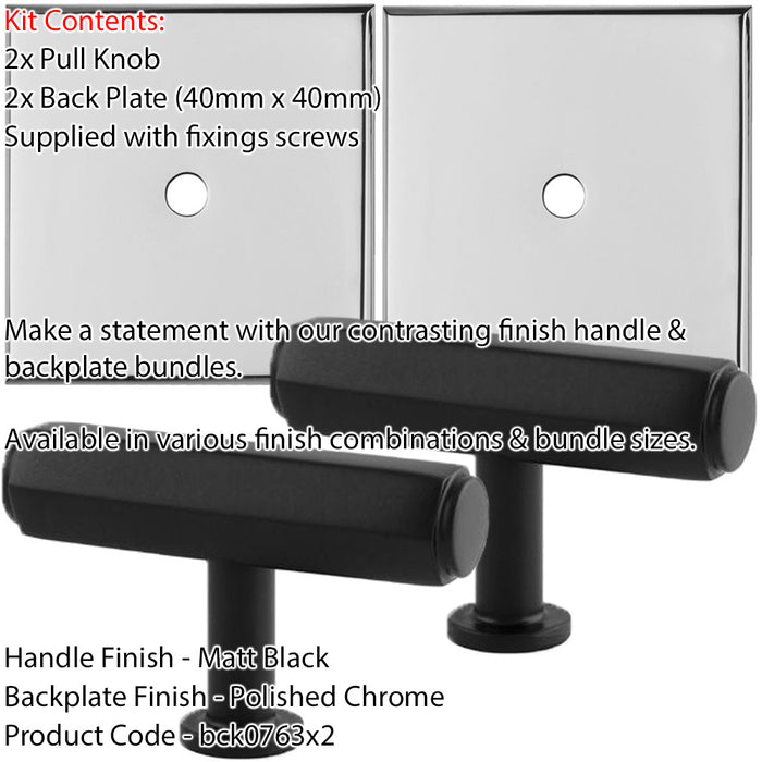 2 PACK Door Knob & Contrasting Backplate Set Hex T Bar Pull Matt Black & Chrome 1