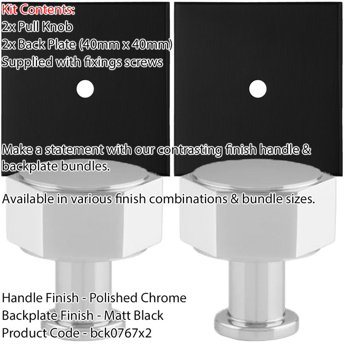 2 PACK Door Knob & Contrasting Backplate Set Hex Pull Polished Chrome & Black 1