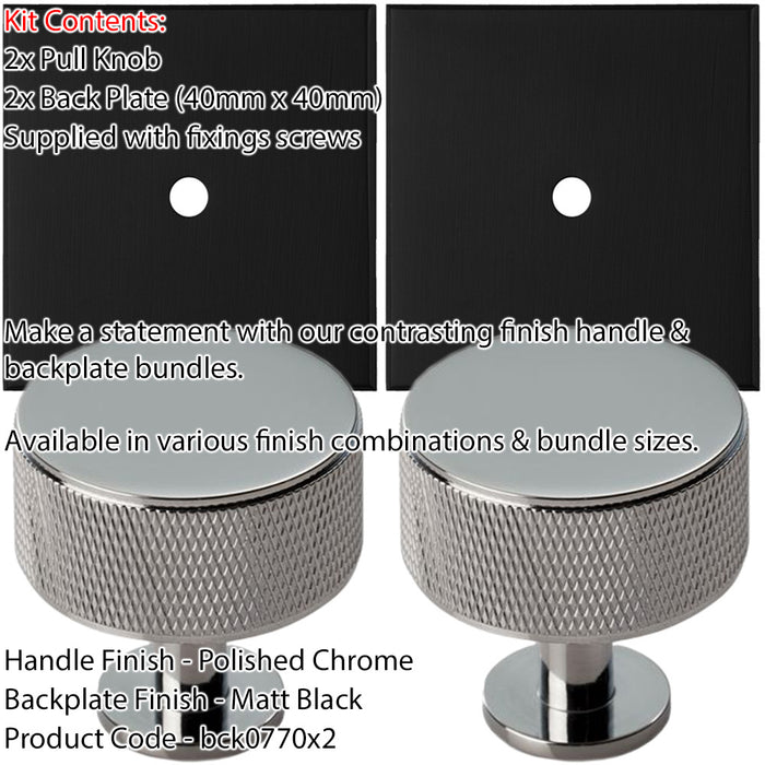 2 PACK Door Knob & Contrasting Backplate Knurled Pull Polished Chrome & Black 1