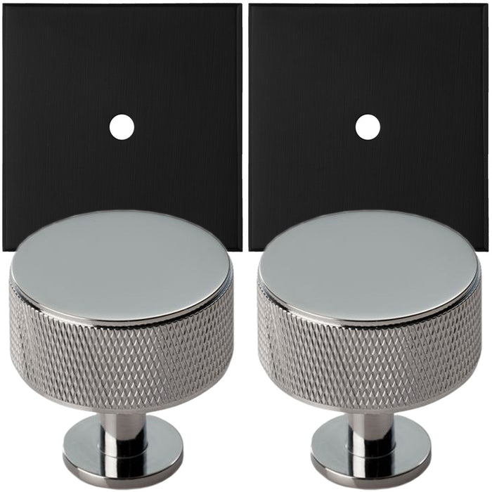 2 PACK Door Knob & Contrasting Backplate Knurled Pull Polished Chrome & Black