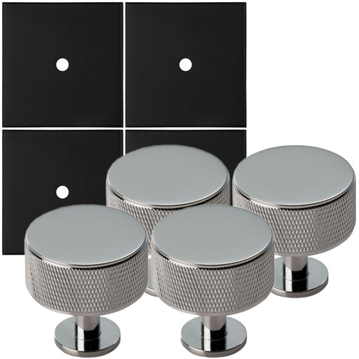 4 PACK Door Knob & Contrasting Backplate Knurled Pull Polished Chrome & Black