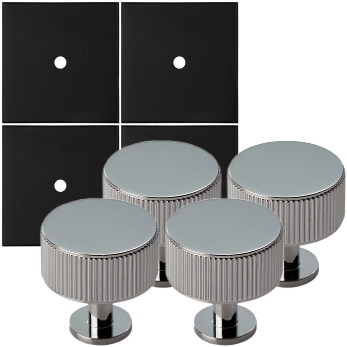 4 PACK Door Knob & Contrasting Backplate Reeded Pull Polished Chrome & Black