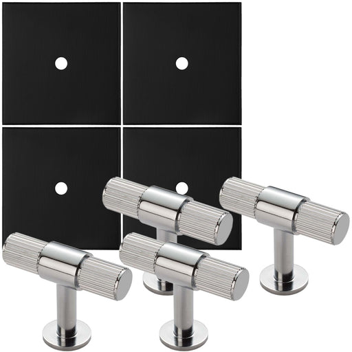4 PACK Door Knob & Contrasting Backplate Set Reeded T Bar Pull Chrome & Black