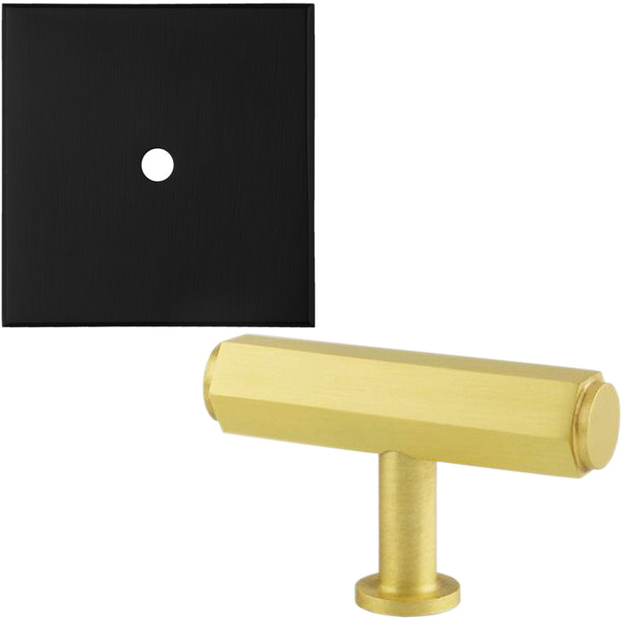 Door Knob & Contrasting Backplate Set Hex T Bar Pull Satin Brass & Matt Black