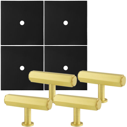 4 PACK Cabinet Door Knob & Contrasting Backplate Hex T Bar Satin Brass & Black