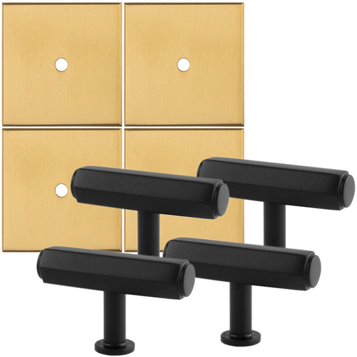 4 PACK Cabinet Door Knob & Contrasting Backplate Hex T Bar Black & Satin Brass