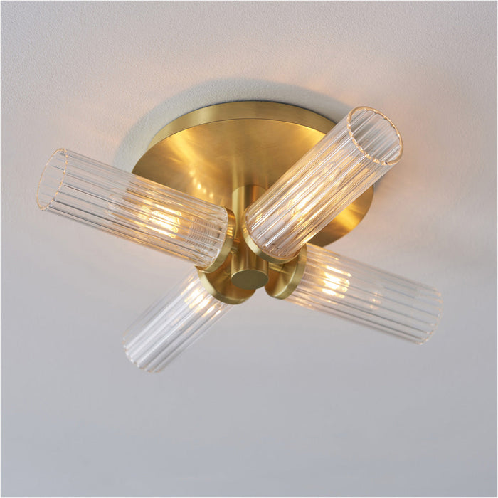 Semi Flush Ceiling Light & 2x Matching Wall Lights - Satin Brass Clear Ribbed Cylinder Shades