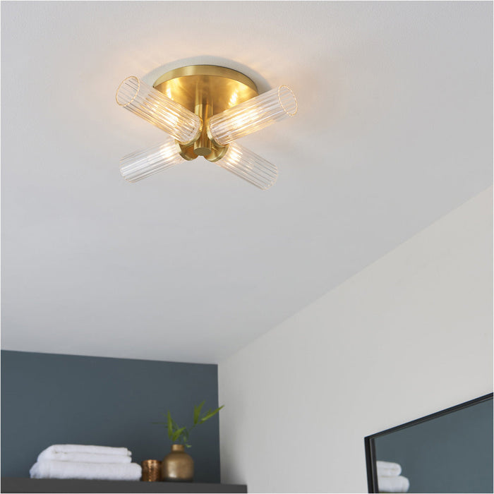 Semi Flush Ceiling Light & 2x Matching Wall Lights - Satin Brass Clear Ribbed Cylinder Shades