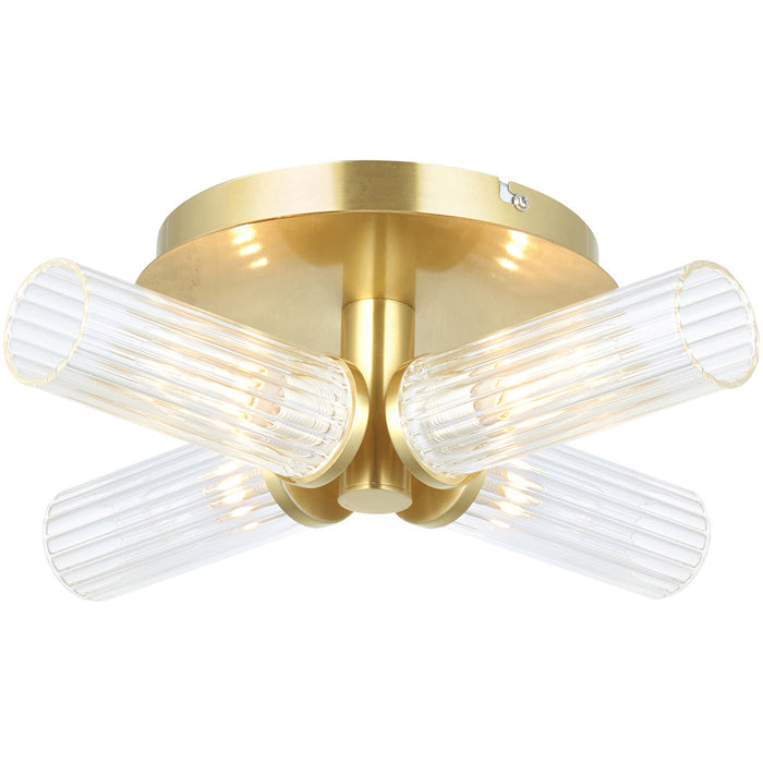 Satin Brass Semi Flush Low Ceiling Bathroom Light - Clear Ribbed Multi Arm Glass - 4 X 3W LED G9