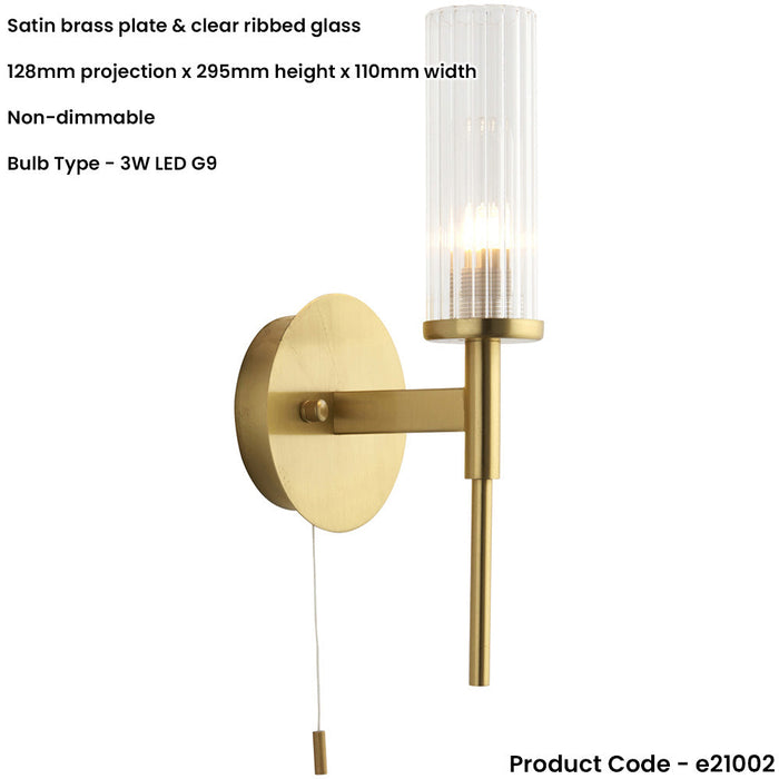 Semi Flush Ceiling Light & 2x Matching Wall Lights - Satin Brass Clear Ribbed Cylinder Shades