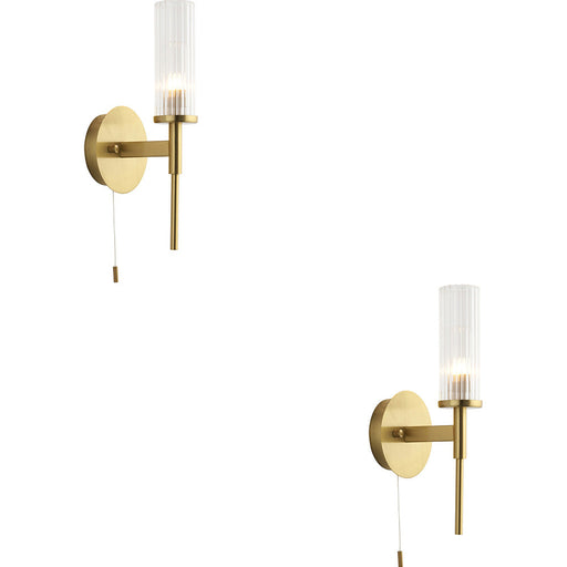 2 PACK Bathroom Satin Brass Plate Wall Light - Clear Ribbed Glass Shade - Non-Dimmable 3W LED G9