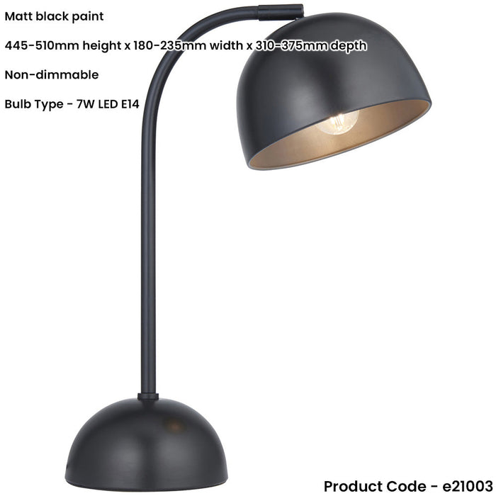 Matt Black Paint Table Lamp - 445-510mm Tall Light - 7W LED E14