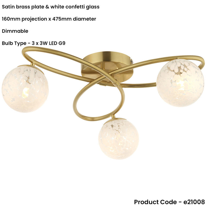 Satin Brass Semi Flush Low Ceiling Light - White Confetti Multi Arm Glass - 3 X 3W LED G9