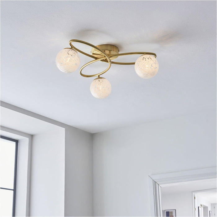 2 PACK Satin Brass Semi Flush Low Ceiling Light - White Confetti Multi Arm Glass - 3 X 3W LED G9