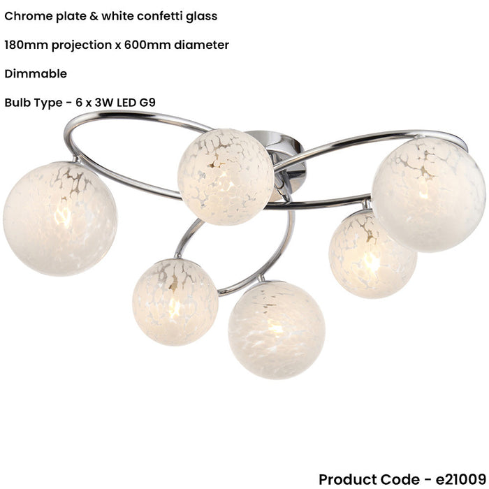 Chrome Semi Flush Low Ceiling Light - White Confetti Multi Arm Glass - 6 X 3W LED G9