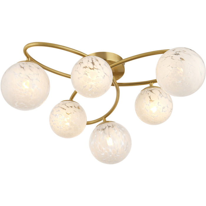 Satin Brass Semi Flush Low Ceiling Light - White Confetti Multi Arm Glass - 6 X 3W LED G9