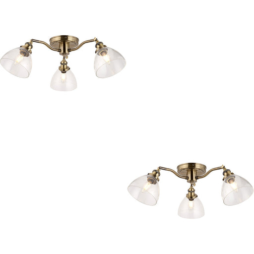 2 PACK Antique Brass Semi Flush Low Ceiling Light - Clear Multi Arm Glass - 3 X 7W LED E14