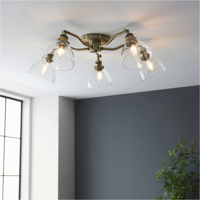 2 PACK Antique Brass Semi Flush Low Ceiling Light - Clear Multi Arm Glass - 5 X 7W LED E14