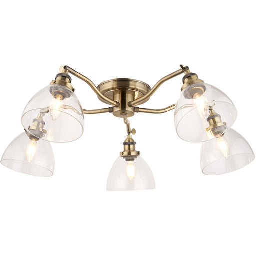 Antique Brass Semi Flush Low Ceiling Light - Clear Multi Arm Glass - 5 X 7W LED E14