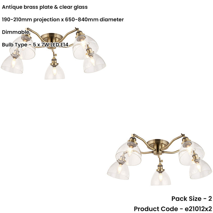 2 PACK Antique Brass Semi Flush Low Ceiling Light - Clear Multi Arm Glass - 5 X 7W LED E14