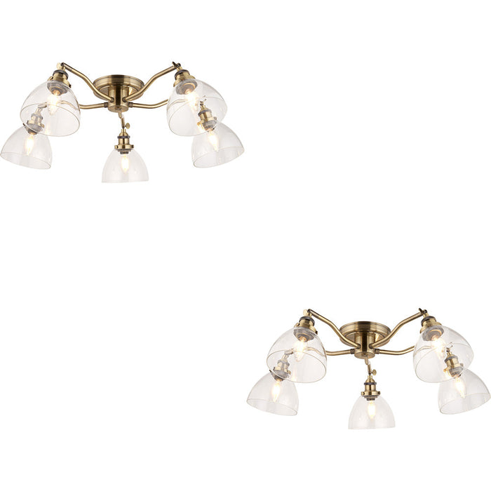 2 PACK Antique Brass Semi Flush Low Ceiling Light - Clear Multi Arm Glass - 5 X 7W LED E14