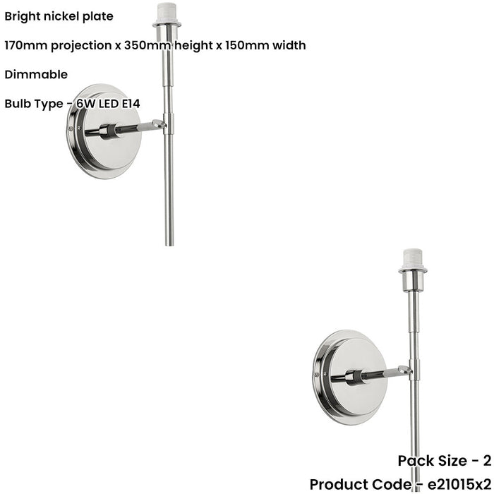 2 PACK Indoor Bright Nickel Plate Wall Light - Dimmable 6W LED E14