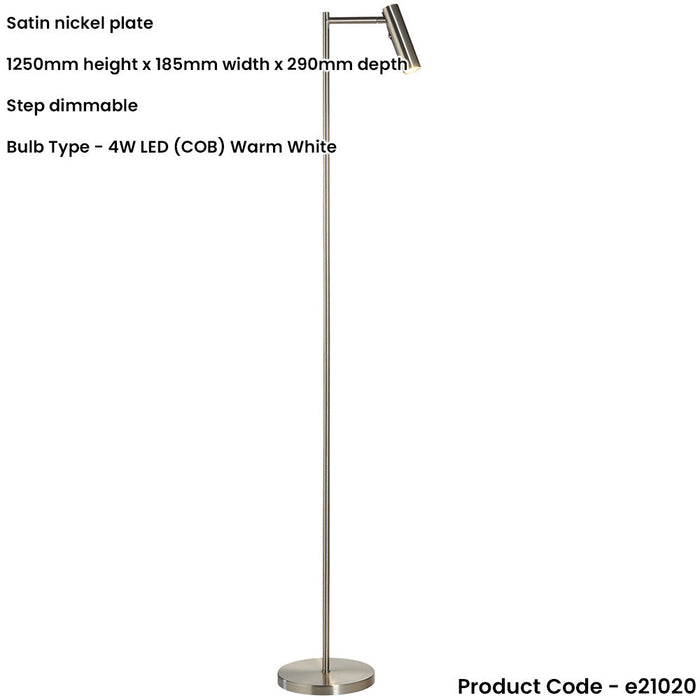 1250mm Floor Lamp - Satin Nickel Modern Adjustable Head - Standing LED Light Base & Shade