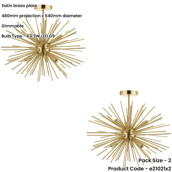 2 PACK Satin Brass Semi Flush Low Ceiling Light - Multi Arm Lamp - 6 X 3W LED G9