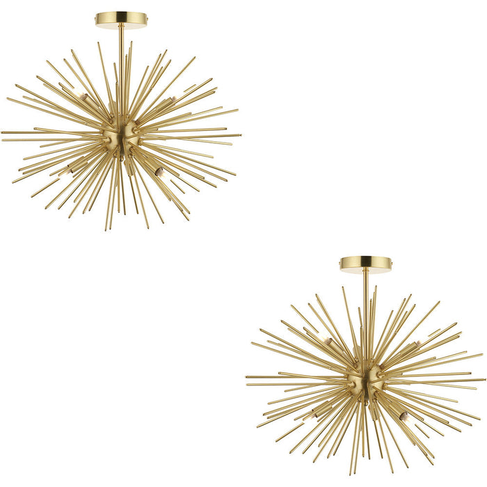 2 PACK Satin Brass Semi Flush Low Ceiling Light - Multi Arm Lamp - 6 X 3W LED G9