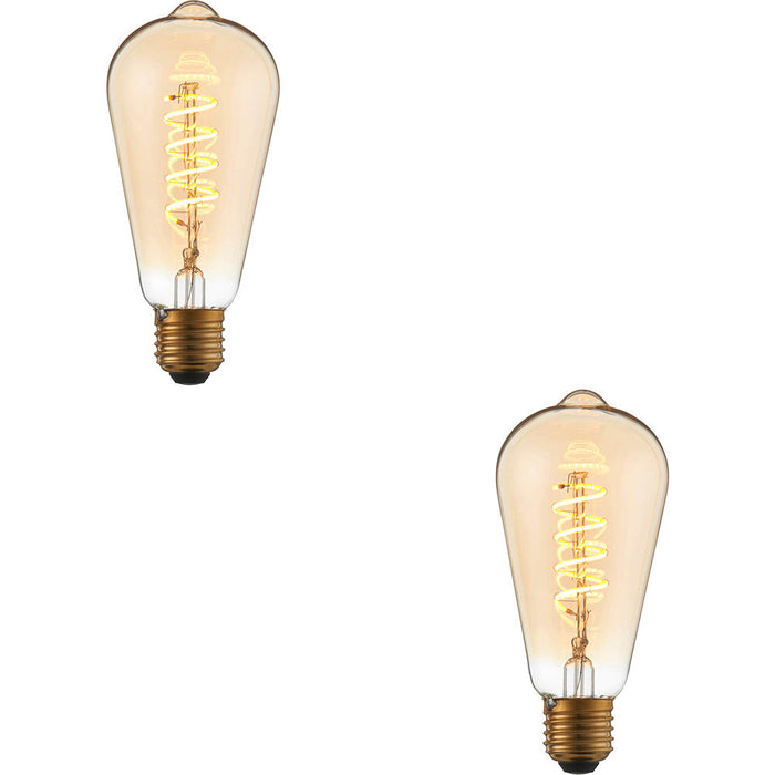 2 PACK Amber Glass 4W E27 Pear Filament LED Light Bulb - Dimmable Warm White - 280lm 2200k