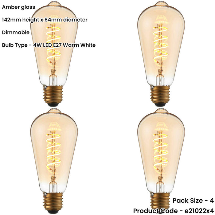 4 PACK Amber Glass 4W E27 Pear Filament LED Light Bulb - Dimmable Warm White - 280lm 2200k