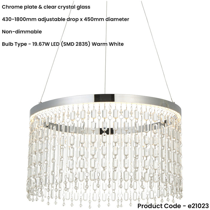 Hanging Ceiling Pendant Light - Chrome Plate & Clear Crystal Glass - 19.67W LED (Smd 2835) Warm White