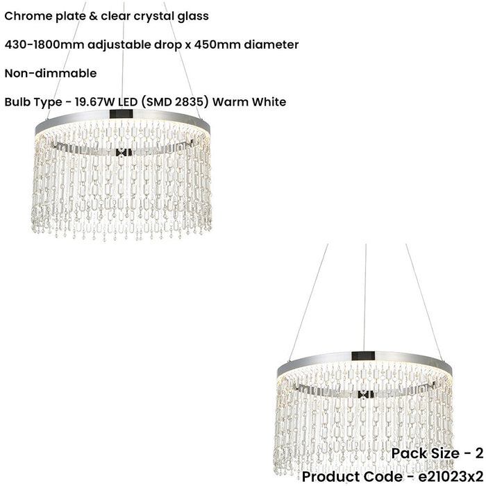 2 PACK Hanging Ceiling Pendant Light - Chrome Plate & Clear Crystal Glass - 19.67W LED (Smd 2835) Warm White