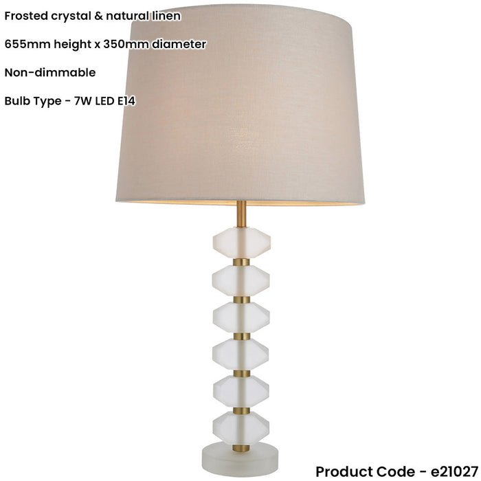 Frosted Crystal Table Lamp - Natural Linen Shade - 655mm Tall Light - 7W LED E14